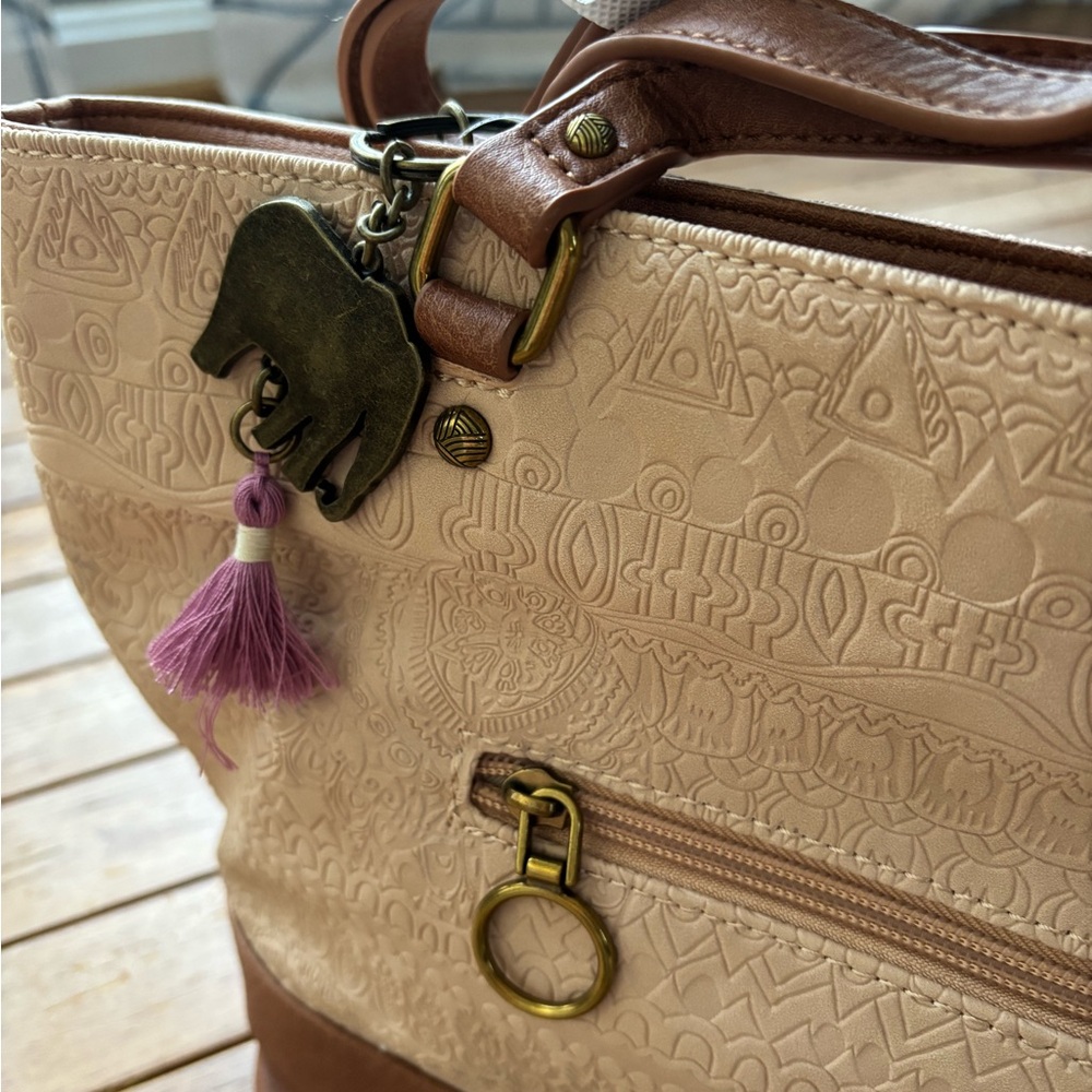 Sakroots Beige and Brown Embossed Tote with Elephant Charm - Picture 3 of 4